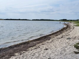 A sandy beach with a calm body of water, a few people walking, and a distant tree line.