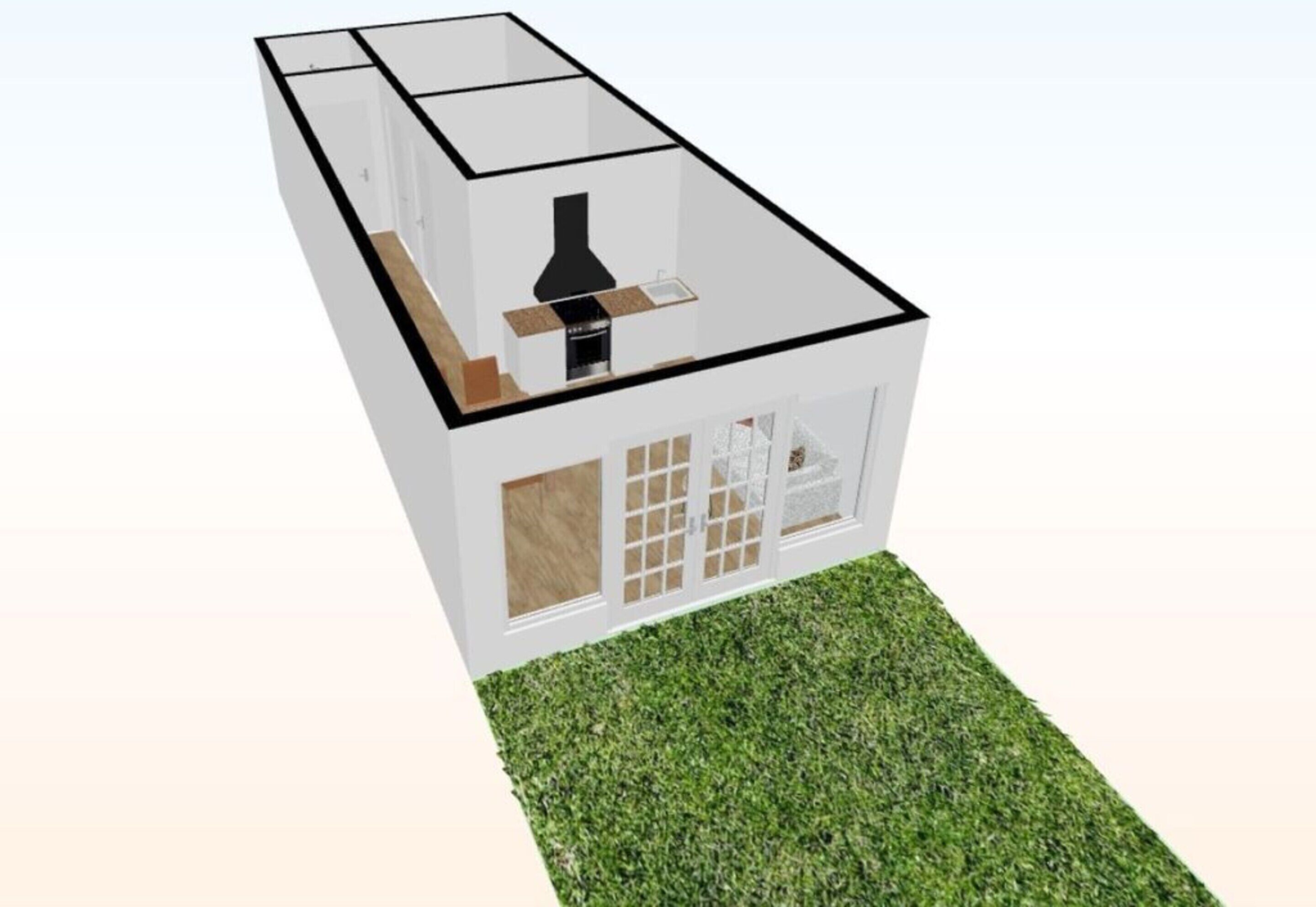 Een 3D-model van een modern huis met een keuken, schoorsteen en een groot raam.