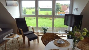 Una sala de estar con un sofá, una silla, una mesa de comedor con individuales, un televisor y vistas a un jardín verde a través de ventanas amplias.
