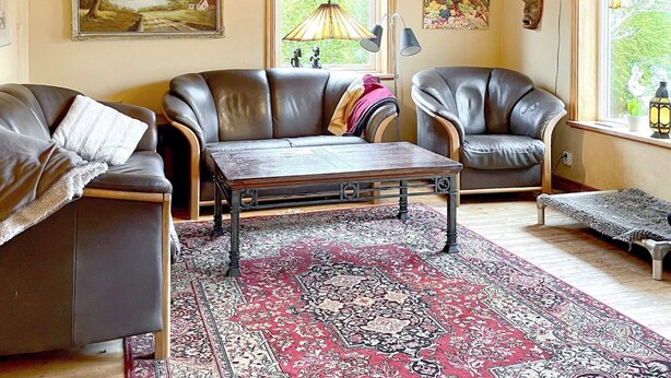 A cozy living room with leather sofas, a patterned rug, and a painting on the wall. - 4 Star Holiday Home in Onsala (Gottskar)