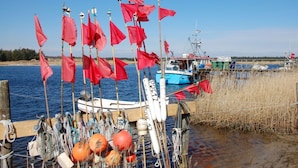 A dock with multiple red flags, a fishing boat, and various fishing equipment. - Holiday Home Der Schwelmer (Zingst)