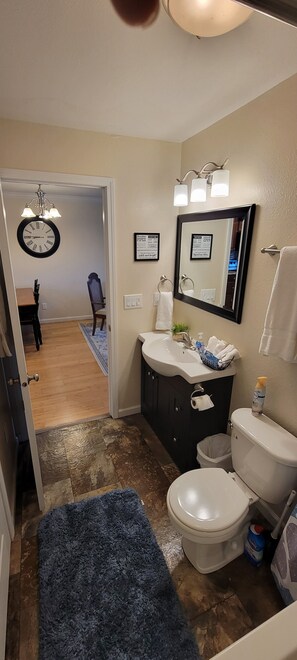 Hair dryer, towels, soap, shampoo