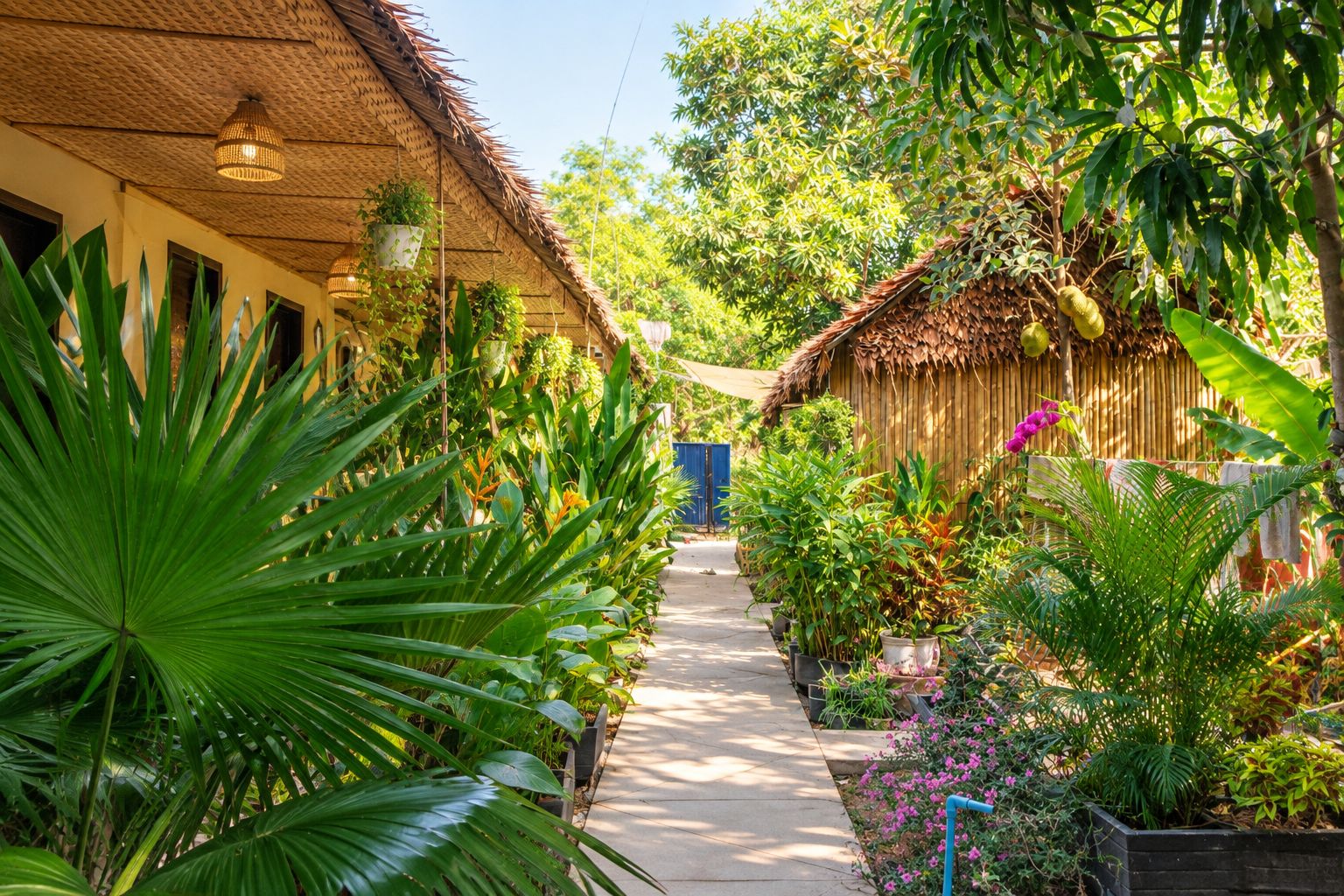 Un camino bordeado por exuberante vegetación tropical y construcciones tradicionales con techo de paja.