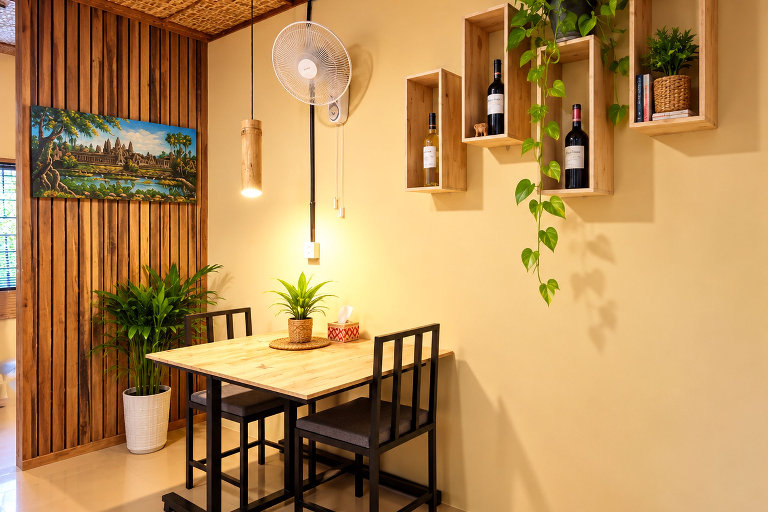 Un comedor con una mesa y sillas de madera, un ventilador de pared, y estantes con botellas y plantas.