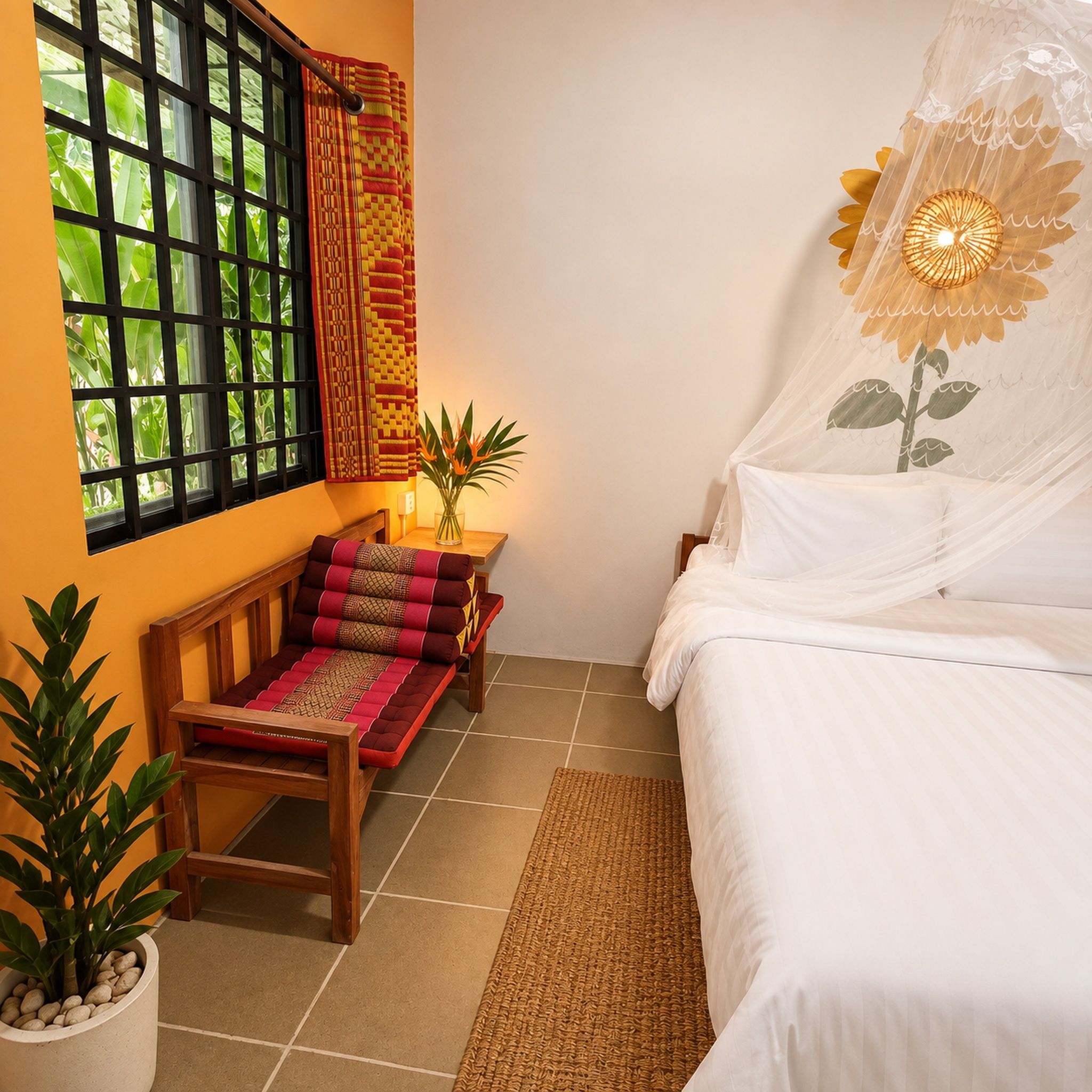 A room with a bed, a window with a view of greenery, a sofa with patterned cushions, and a potted plant.