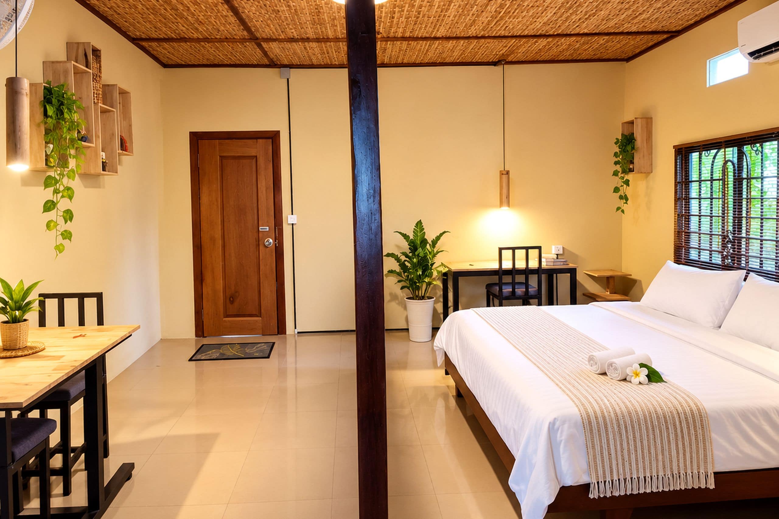 Une chambre d’hôtel comprenant un lit, un bureau, une chaise, une table à manger et une plante en pot.