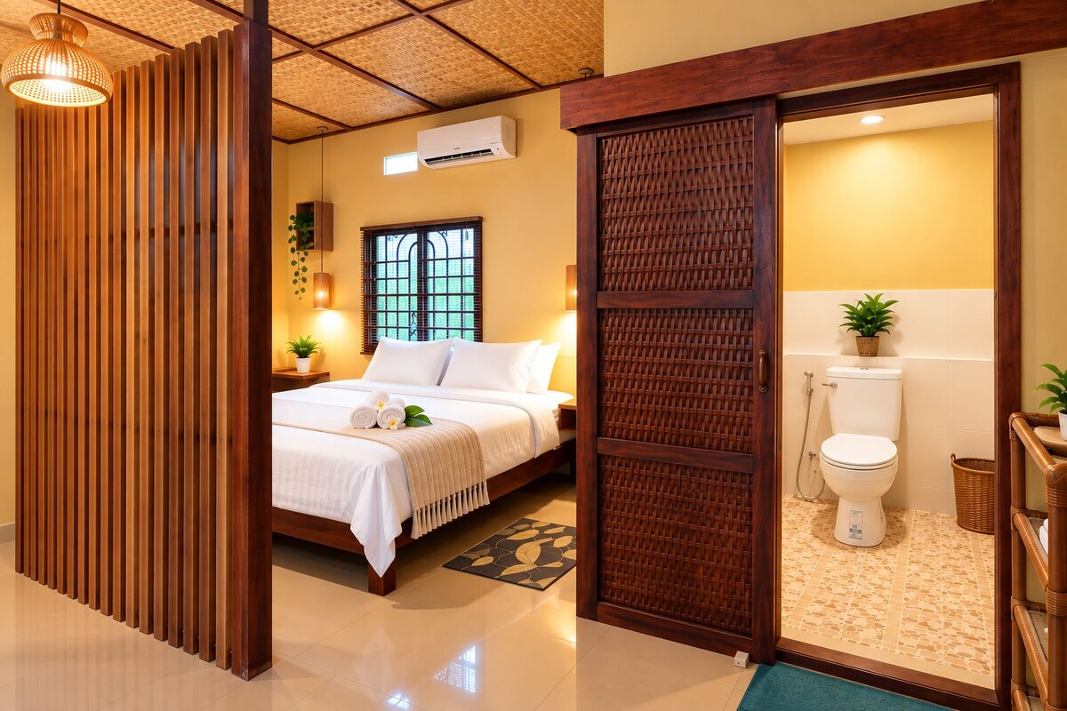 A hotel room with a bed, bedside table, lamp, window, and a bathroom with a toilet and sink.