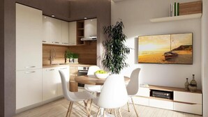 A modern kitchen with white cabinetry, a dining table with chairs, a potted plant, and a painting of a beach scene. - Apartments Villa Subic - One Bedroom Apartment With Balcony A1 (Rab)