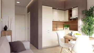 Apartment | Private kitchen | Fridge, microwave, oven, stovetop