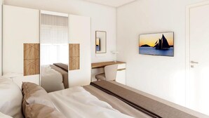 A modern hotel room with a bed, a desk, and a TV displaying a sunset scene. - Apartments Villa Subic - One Bedroom Apartment With Balcony A1 (Rab)