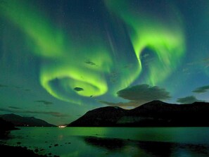 A night view of a lake with aurora borealis over mountains. - 4 Person Holiday Home in Tennevoll (Lavangen)