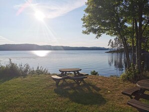 A lakeside picnic area with a table and benches, surrounded by trees and a view of the lake.