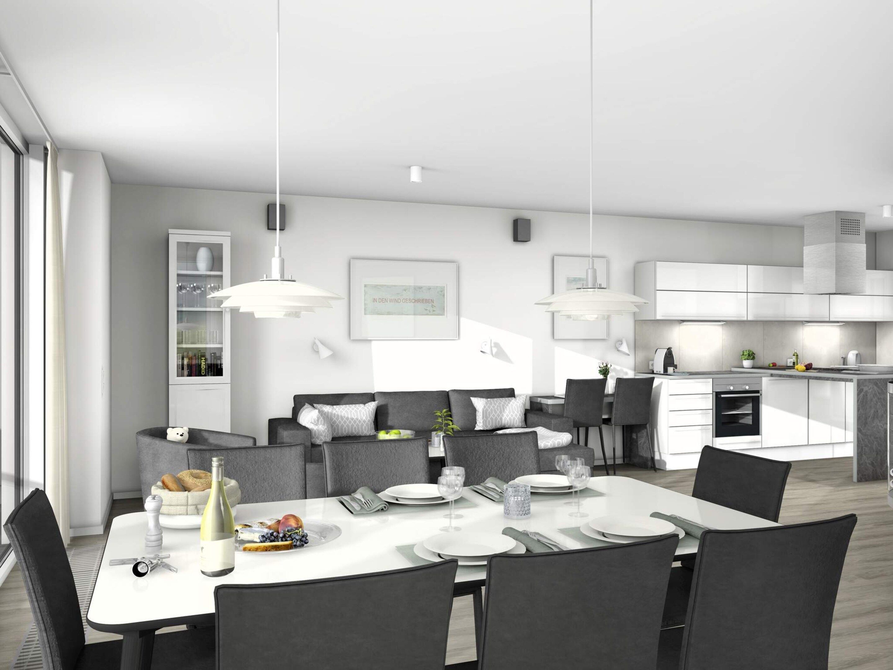 A modern kitchen with white cabinets, a dining area with a white table set for four, and a living area with a sofa and chairs.