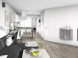 Um apartamento moderno com cozinha, sala de jantar e sala de estar.