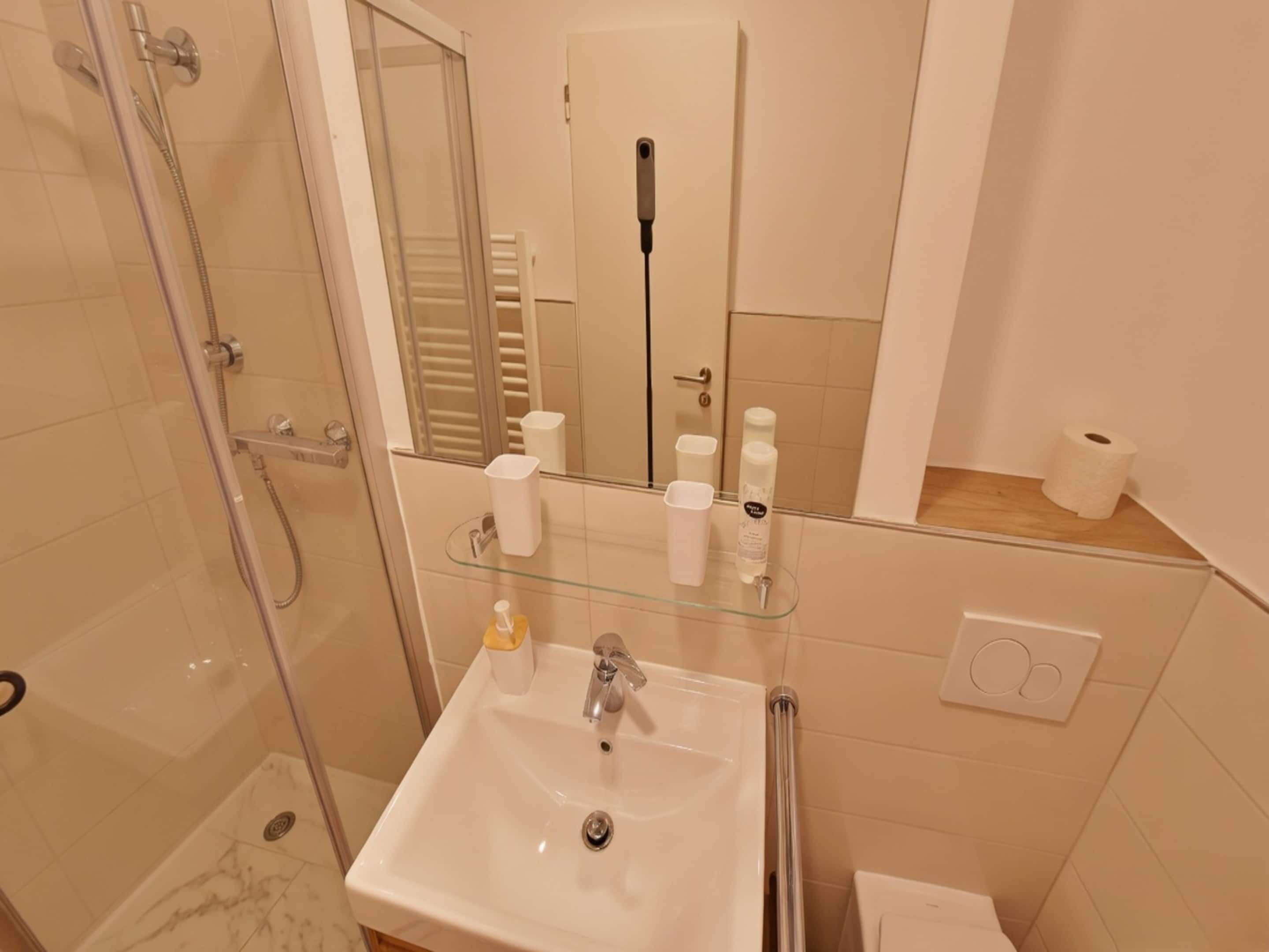 Un baño con cabina de ducha de vidrio, un lavamanos blanco, un espejo y artículos de aseo en un estante.