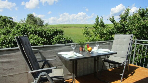 A terrace with two chairs and a table, a potted plant, and a watermelon on the table. - Holiday Apartment Hammann (Sietow)
