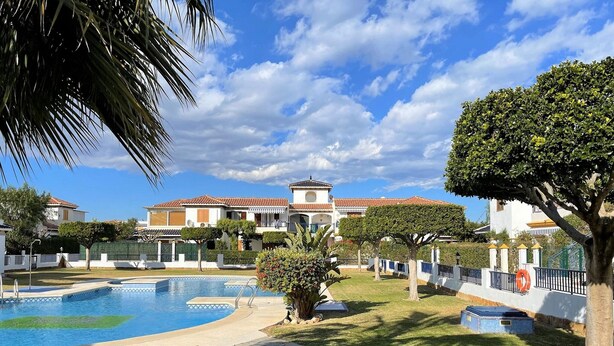 A swimming pool with a stone pathway, surrounded by well-maintained grass and trees.