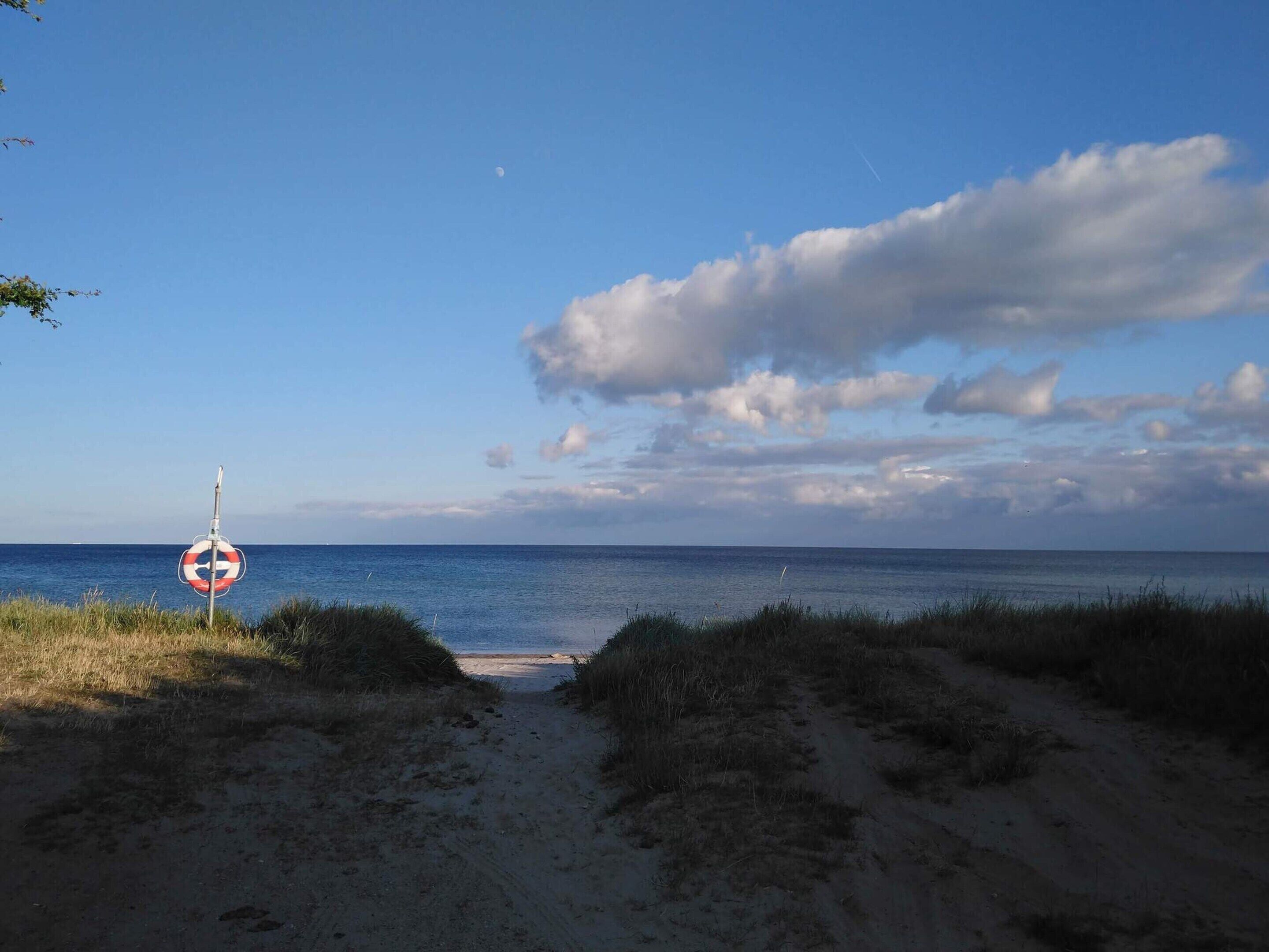 A beach path leading to the sea with a lifebuoy sign on the left.
