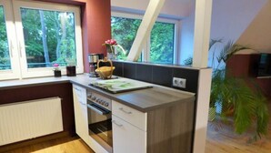 A kitchen with a built-in oven, a microwave, and a sink. There are windows with a view of trees outside. - Lovely Apartment in Neustadt (Neustadt am Ruebenberge)