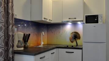 Apartment | Eigene Küche | Kühlschrank, Mikrowelle, Herdplatte, Wasserkocher mit Kaffee-/Teezubehör