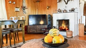 A cozy living room with a fireplace, a television, and a bowl of pumpkins on a round table. - 7 Person Holiday Home in Tjorn-by Traum (Myggenäs)