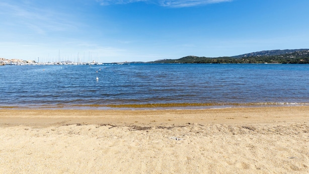 Uma praia com águas azul-claras, uma faixa de areia e uma vista distante de barcos e colinas.