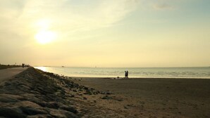 Une plage avec un rivage rocheux et une eau calme.