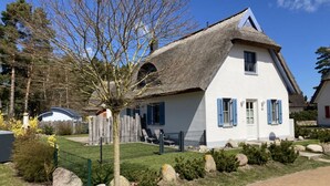 Une maison blanche avec un toit de chaume, des volets bleus et une cour clôturée, agrémentée de rochers et d’arbustes.