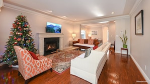 A living room with a fireplace, a Christmas tree, and a television.
