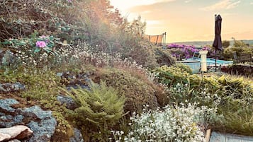 Un jardín con diversas plantas y flores, una terraza de madera y una zona de piscina.