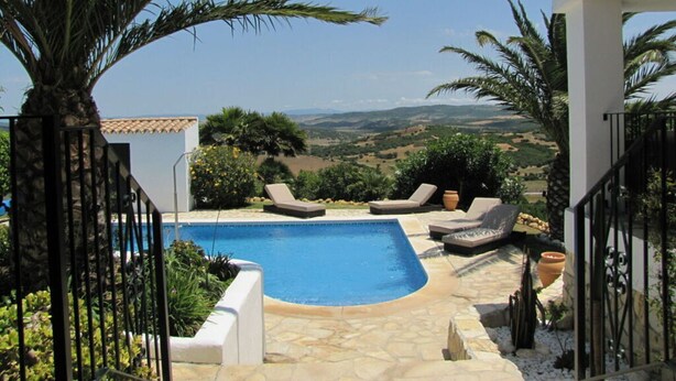 A pool area with lounge chairs, a palm tree, and a view of the countryside. - >>casa Conil Buena Vista<< (Conil de la Frontera)