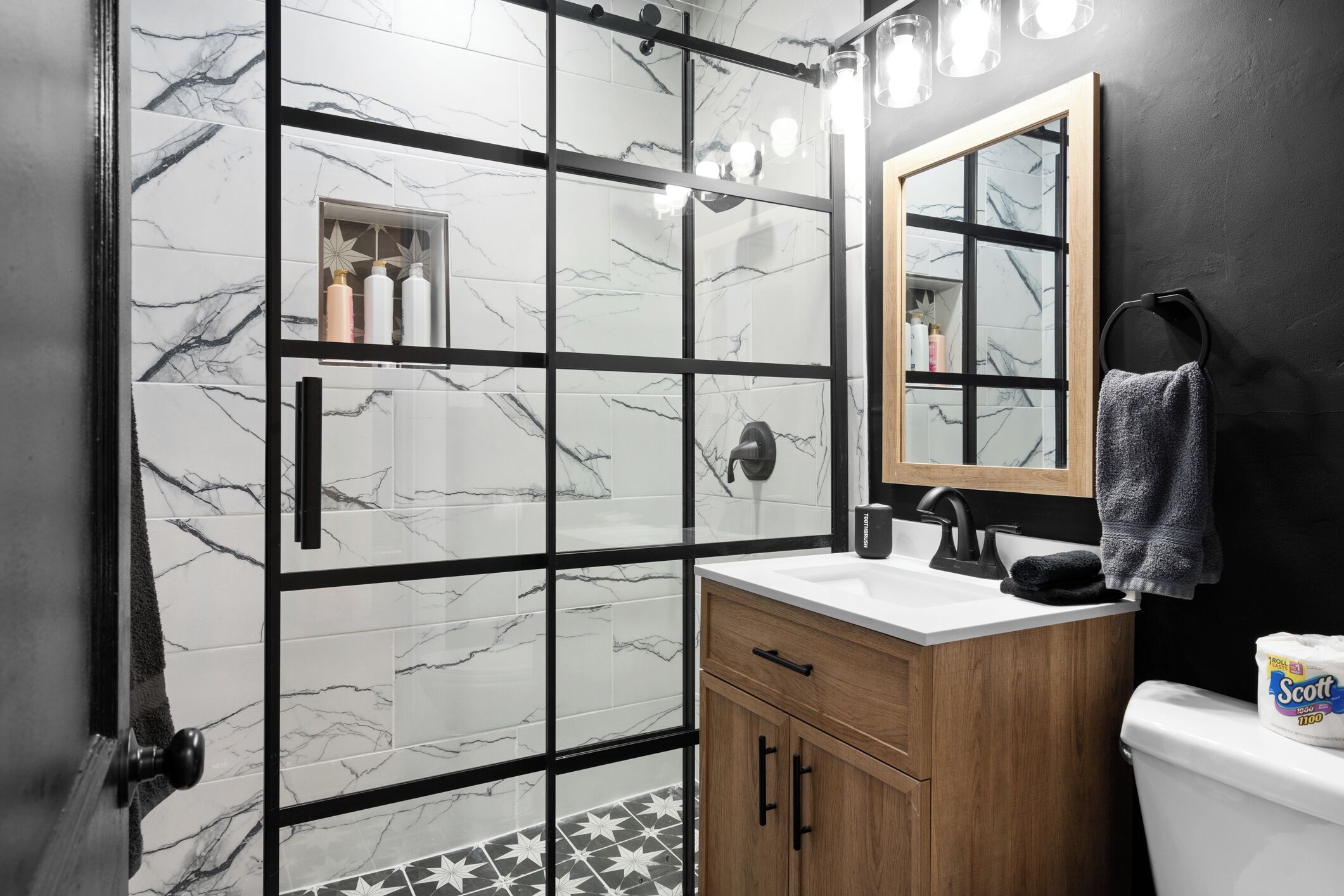 Shower, towels, soap, shampoo