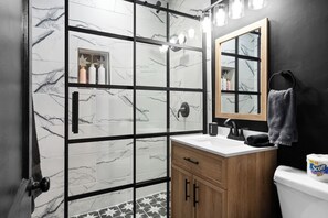Shower, towels, soap, shampoo