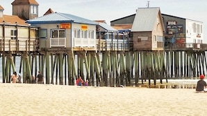 Ein Strandgrundstück mit einer Holzsteganlage, die auf Pfählen ins Wasser führt.