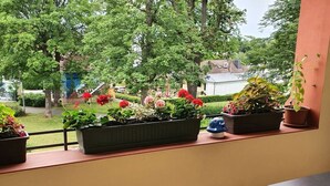 A balcony with potted plants and a view of a green park. - Apartment 1 in an Art Nouveau Villa (Wernigerode)