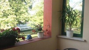 A small patio with a table and chairs, a window with a plant, and a view of trees and a house. - Apartment 1 in an Art Nouveau Villa (Wernigerode)