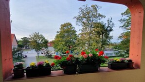 A window with a view of a street and houses, a balcony with potted plants, and a wooden structure. - Apartment 1 in an Art Nouveau Villa (Wernigerode)