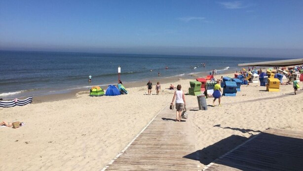 A beach with a wooden boardwalk, beach umbrellas, and people walking. - Residence Island Pearl (Langeoog)