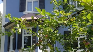 En blå byggnad med mörka fönsterluckor, ett fönster och en balkong med grönt lövverk och äpplen.