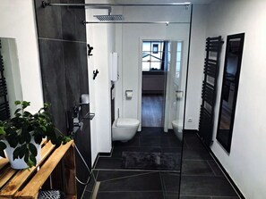 A modern bathroom with a glass shower enclosure, a toilet, and a sink. - Moselle-side Apartments (Mehring)