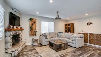 Smart TV, chimenea y libros