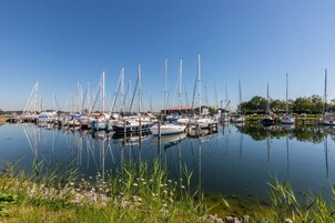 Un puerto deportivo con varias embarcaciones amarradas, agua tranquila y vegetación circundante.