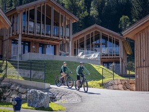 A modern wooden building with a balcony, a paved path, and a stone wall. - Spacious Apartment With Sauna (Haus)