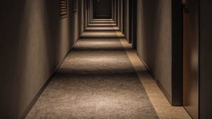 A long, narrow hallway with a carpeted floor and a series of doors on one side. - Nest Hotel Tokyo Yaesu (Tokyo)