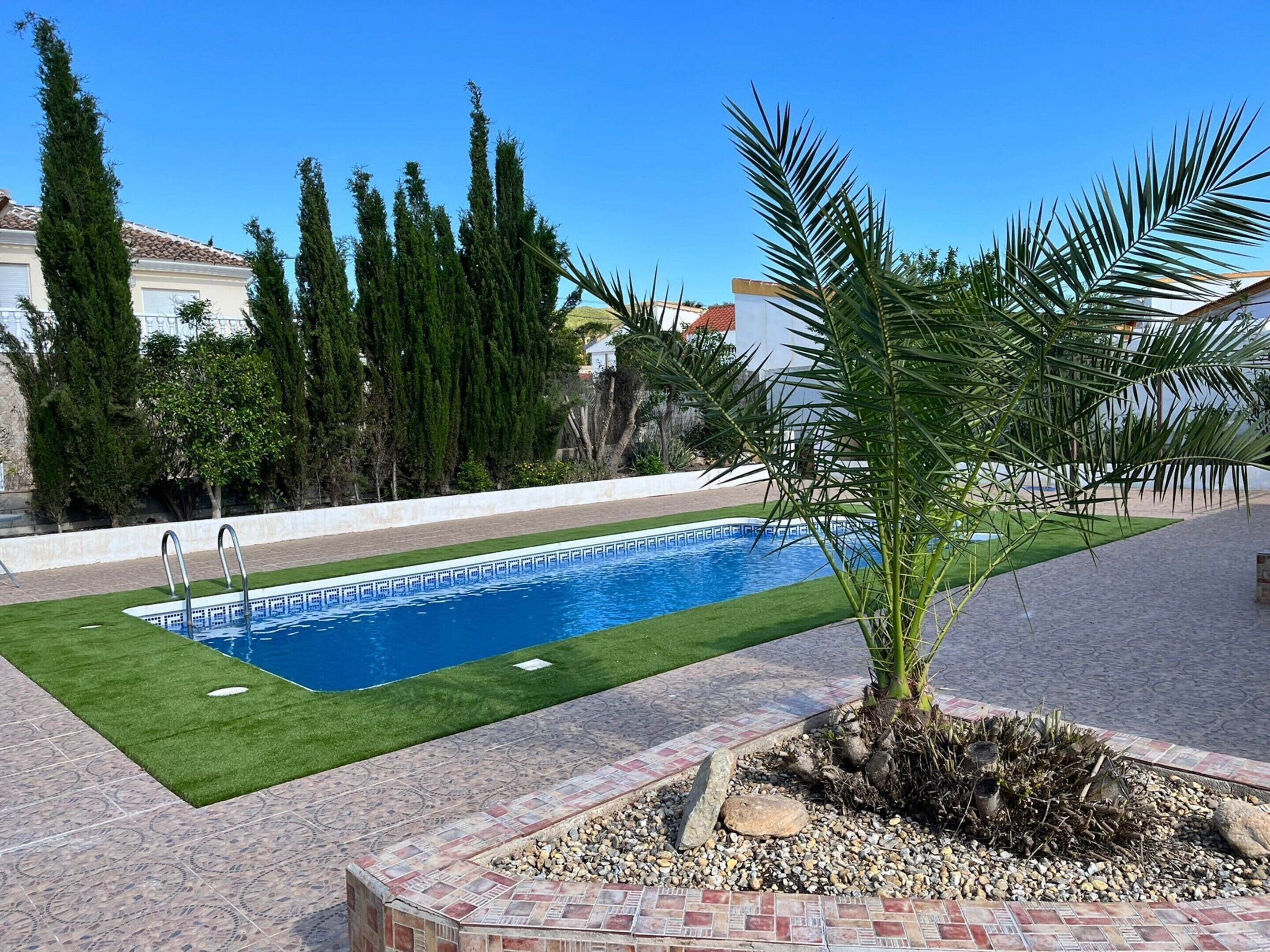 A rectangular swimming pool with a tiled deck, surrounded by a well-maintained lawn and tall trees.