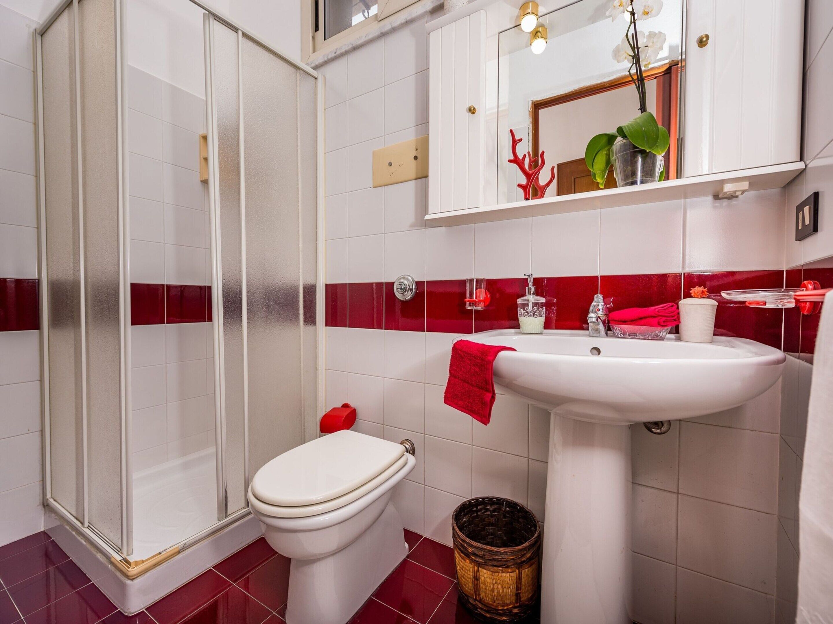 Un baño con ducha de vidrio, inodoro blanco, lavamanos con una toalla roja y un espejo con decoración de coral rojo.