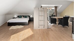 A modern bedroom with a bed, bedside tables, a desk, and a chair. - Beautiful Duplex Near Shopping Street (Blankenberge)
