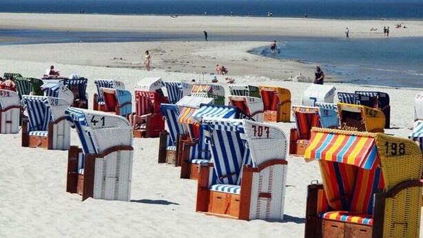 Sillas de playa con números, dispuestas sobre la arena cerca del agua.