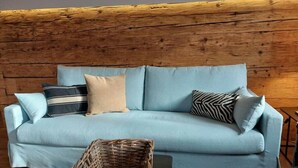 A light blue sofa with three pillows against a wooden wall. A woven basket is on a black table in front of the sofa. - Apartment in Bad Hindelang-bad Oberdorf (Bad Hindelang)