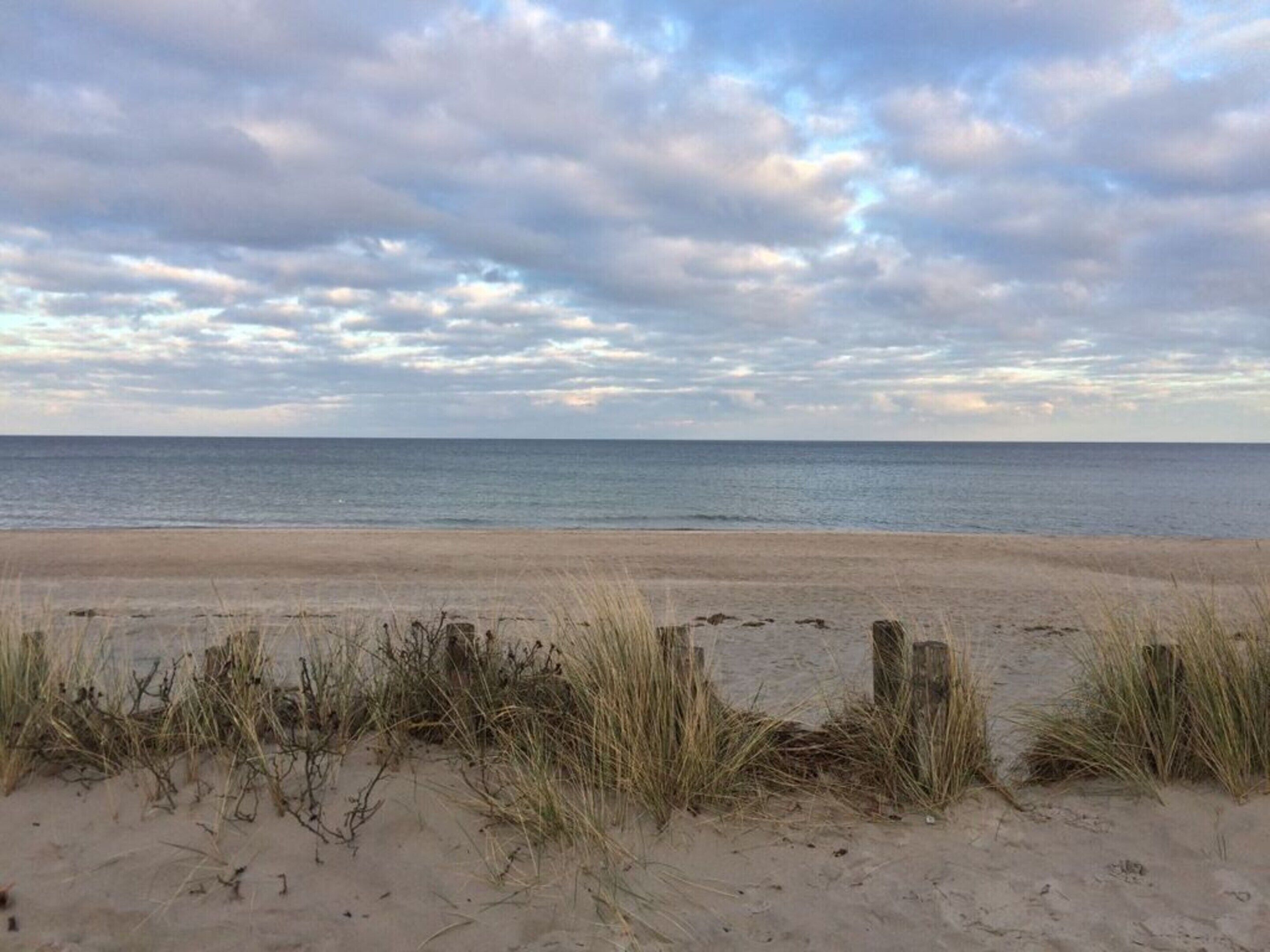 A beach with sand and grass in the foreground, and a cloudy sky above.